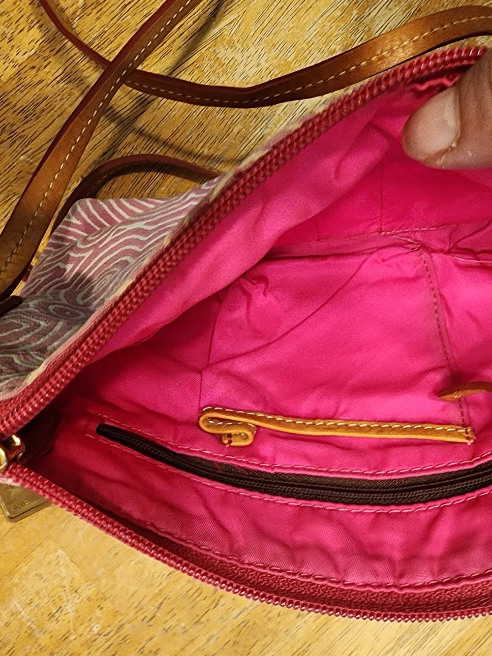 Dooney & Bourke pink doodle swirl canvas mini shoulder bag featuring tan leather